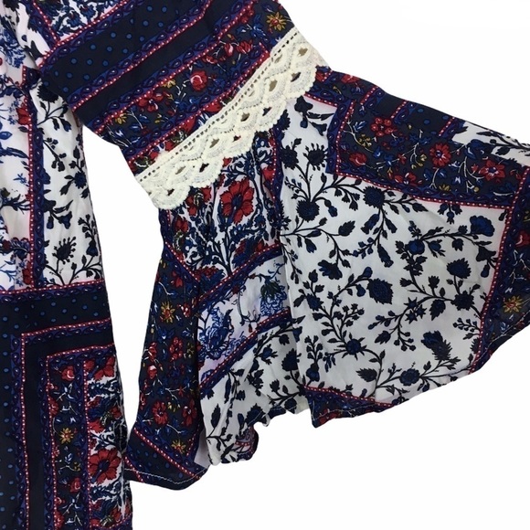 ENTRO Dress Patchwork Bell Sleeve Boho Prairie Peasant Hippie Gypsy Tunic Large - Picture 7 of 16